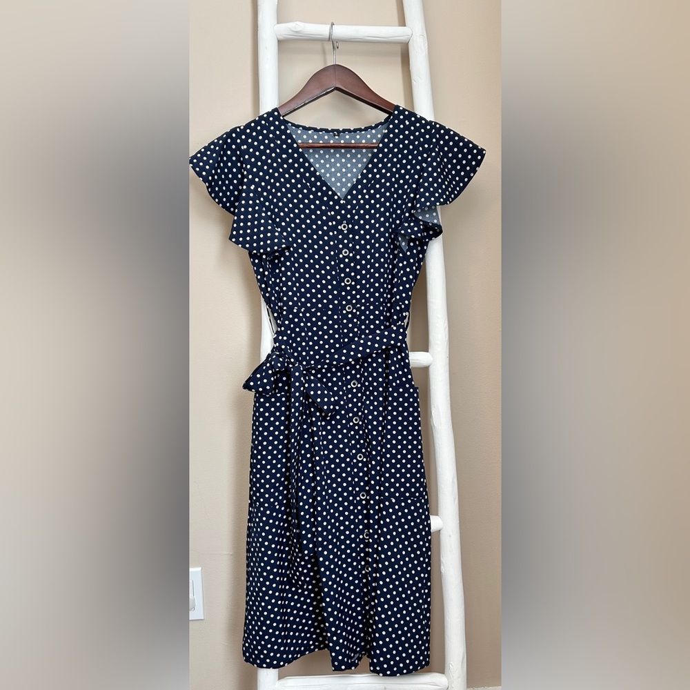 Navy Polka Dot Dress with Ruffle Sleeves